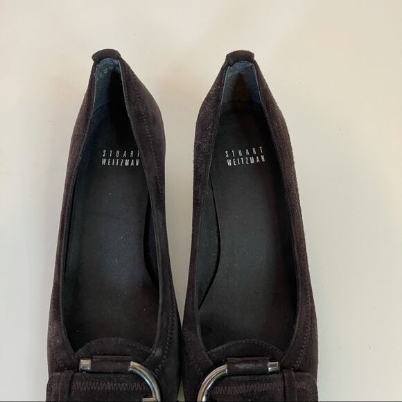 Stuart Weitzman Brown Suede Leather Buckle Wedge Shoe Women's Round Toe Size 6 - Picture 4 of 8